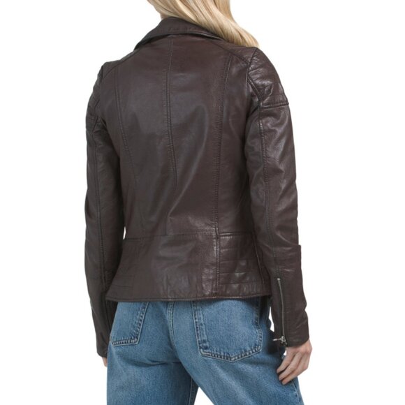 BOD & CHRISTENSEN BLACK/BEIGE Leather Biker Jacket - Picture 2 of 2